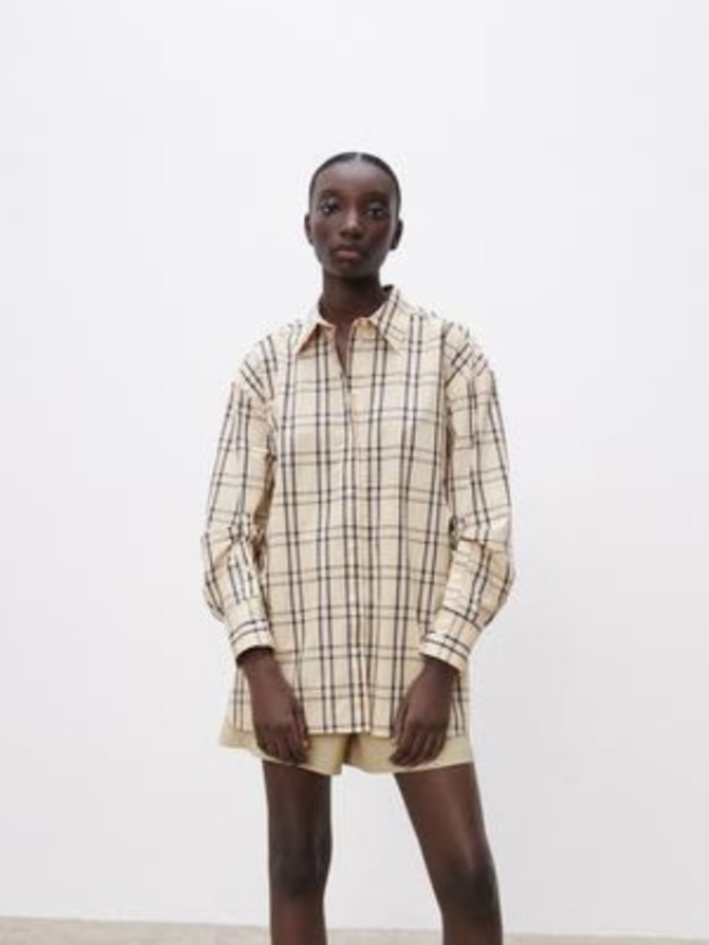Zara Beige Plaid Button-Down Shirt with Back Slit